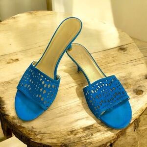 Blue suede leather cutouts perforated kitten heel slide mules 9.5M